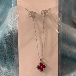Silver and Red Floral Jewelry Set